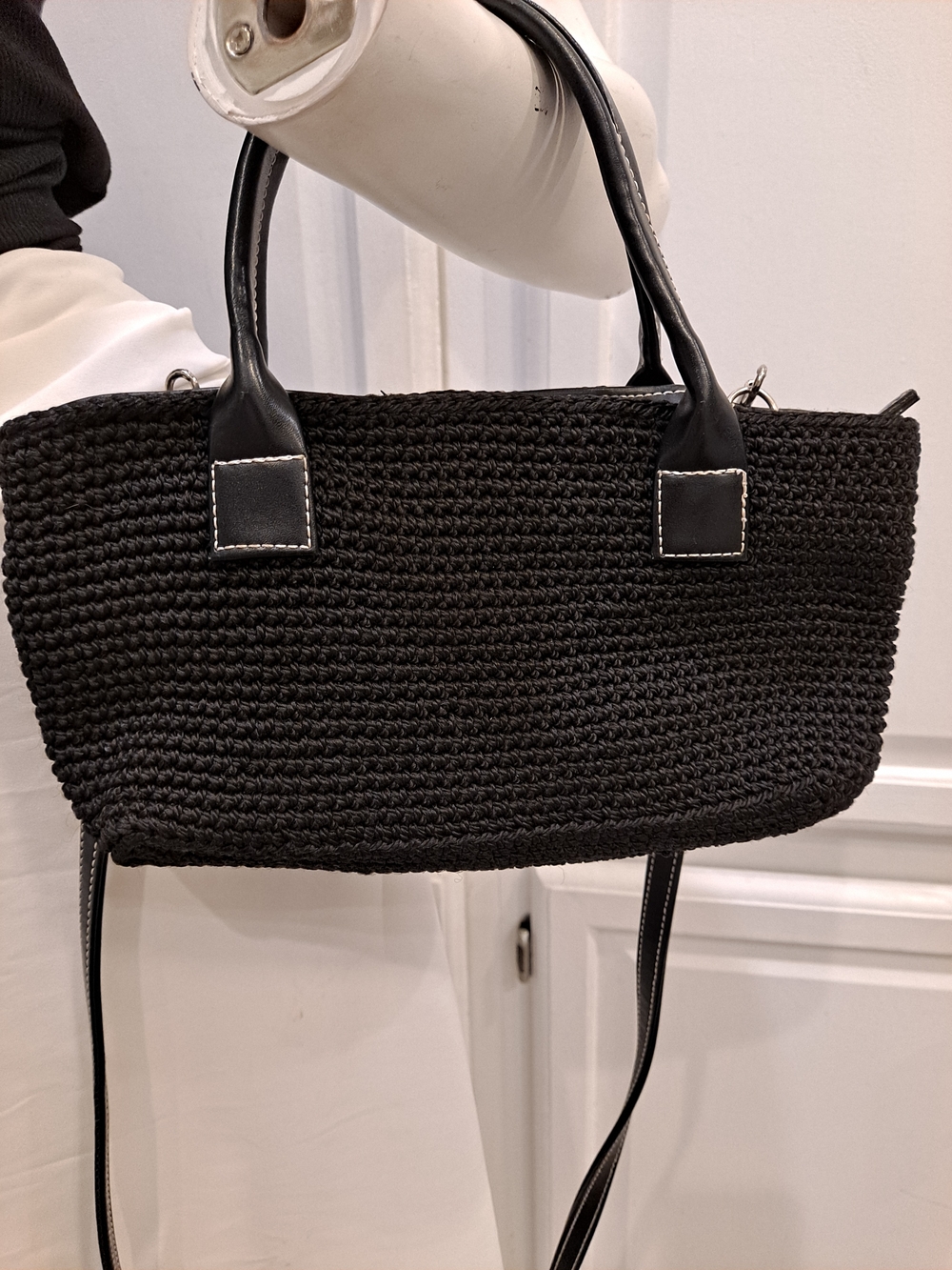 Chateau 90s Vintage Black Handmade Woven Crochet Mini Satchel Crossbody Tote